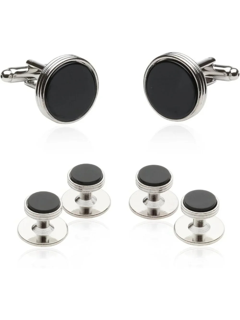 Elegant Onyx & Silver-Tone Tuxedo Cufflinks & Studs Set - Formal Wear Gift Box